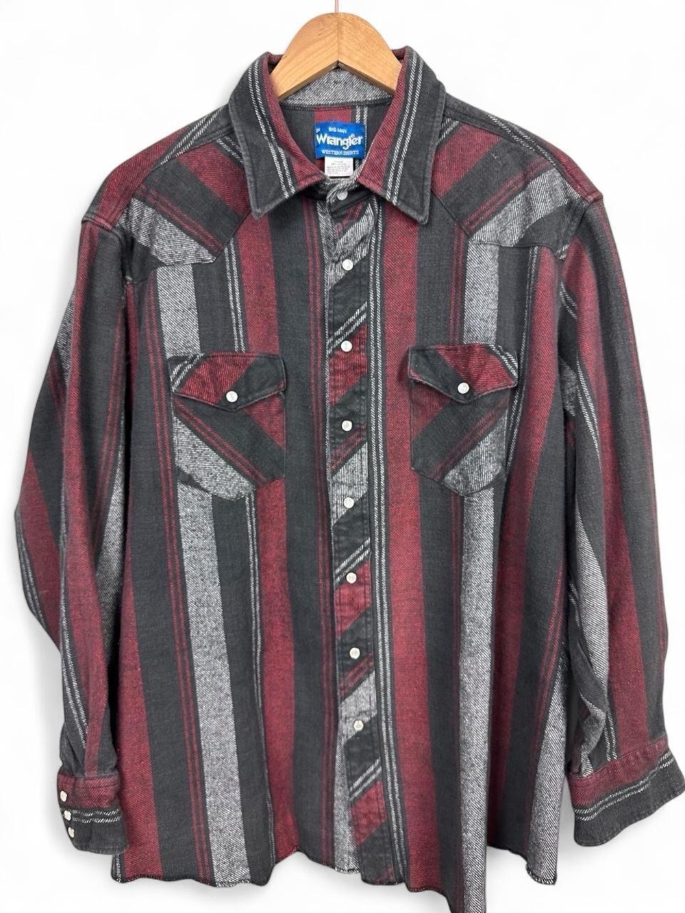 Vintage Wrangler Western Flannel Shirt Button Up Red Gray Black Striped